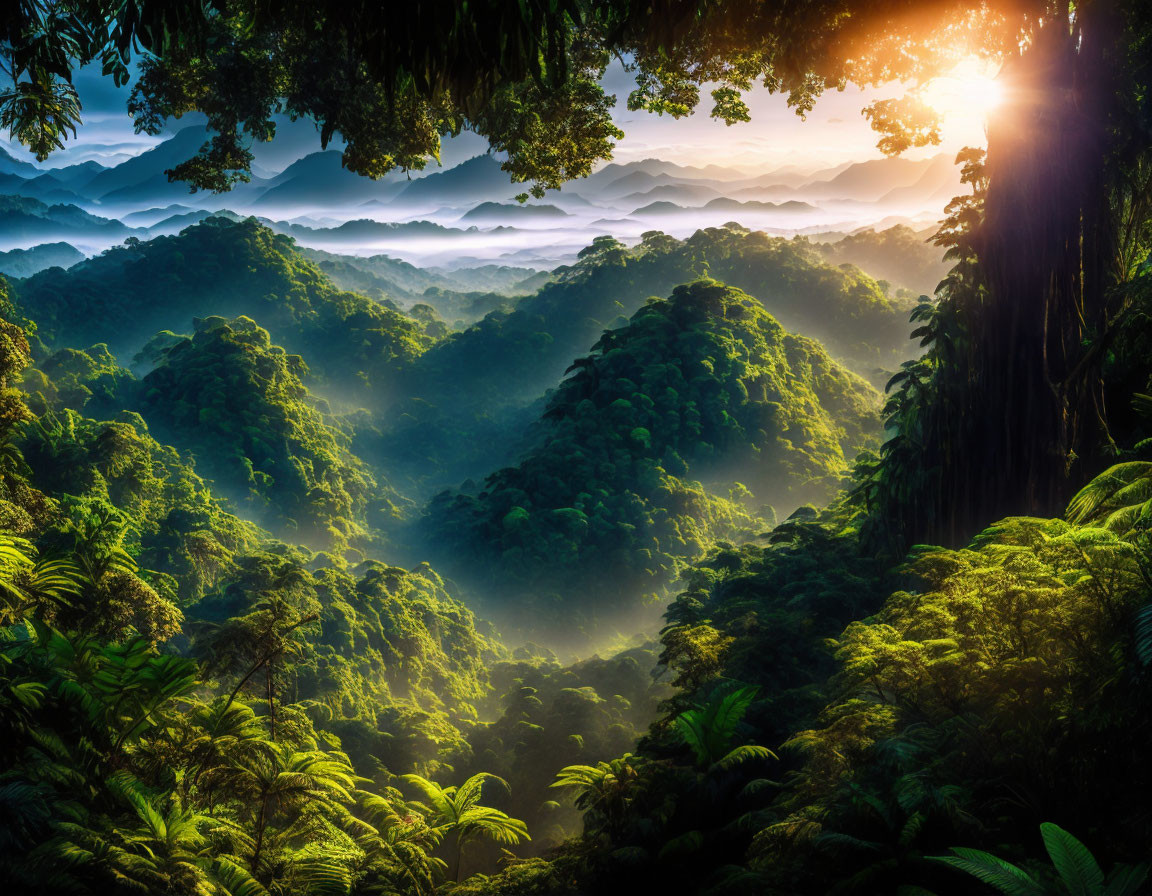 Tropical Rainforest Sunrise with Misty Green Hills