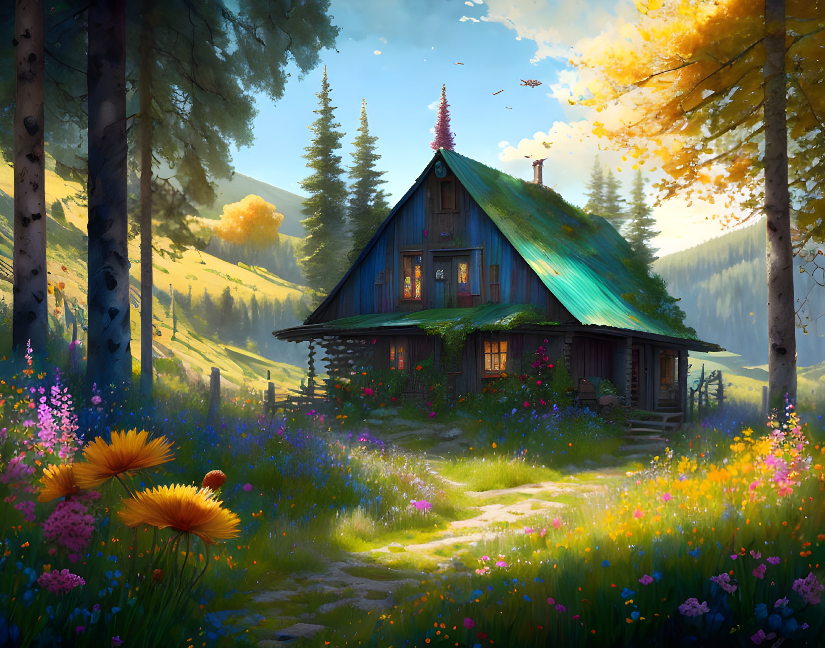 Idyllic Wooden Cabin in Flower-Filled Meadow