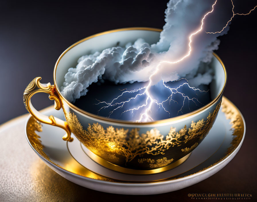 Golden cup on saucer with stormy sky and lightning: elegant design meets nature's chaos