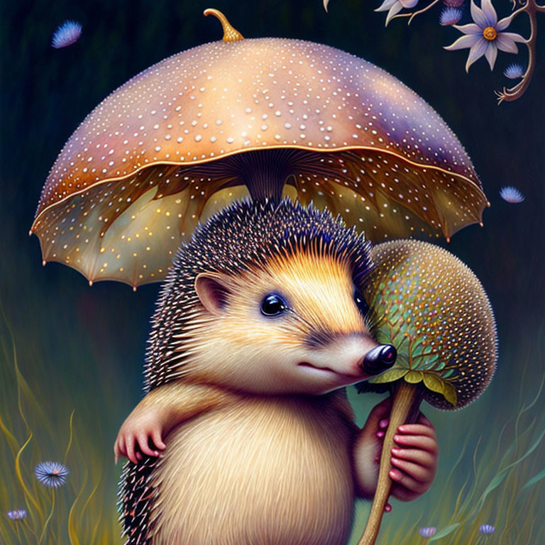 Illustration of hedgehog with flower umbrella under mushroom.