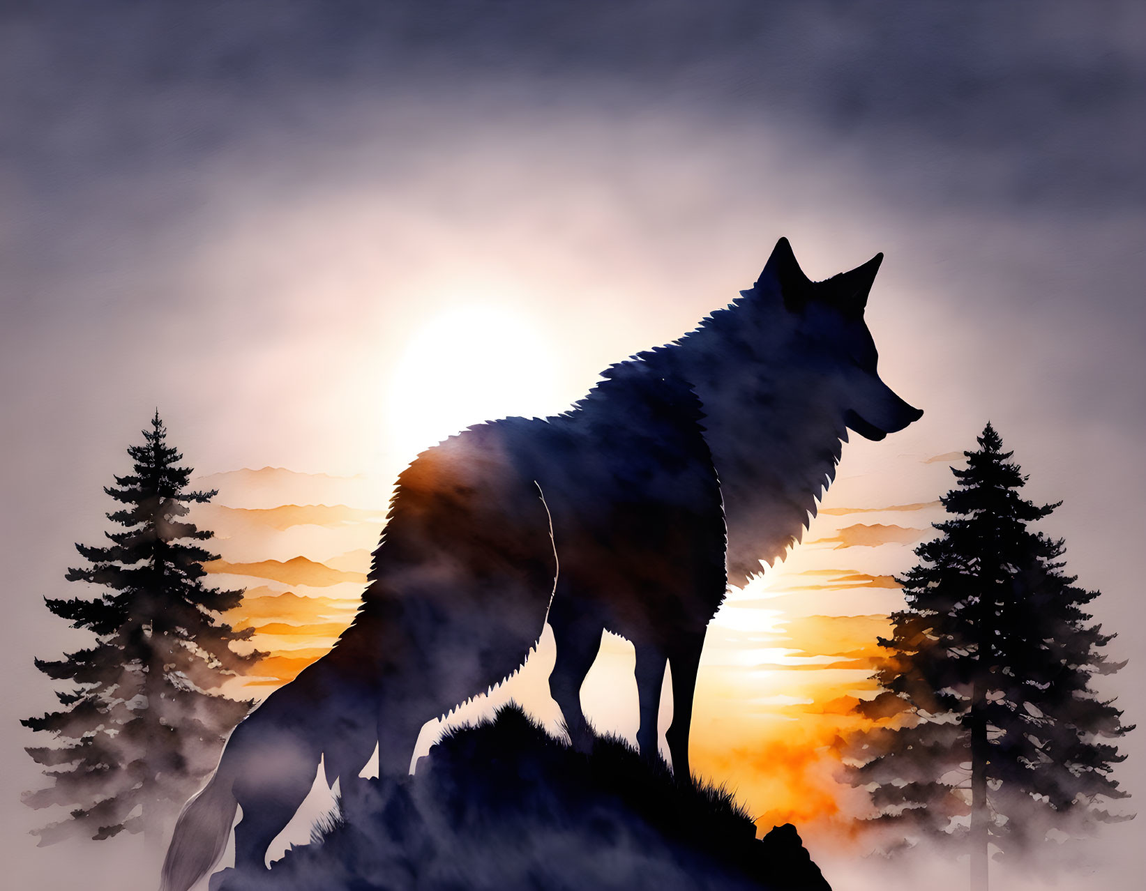 Wolf silhouette in watercolor against vibrant sunset and forest backdrop.