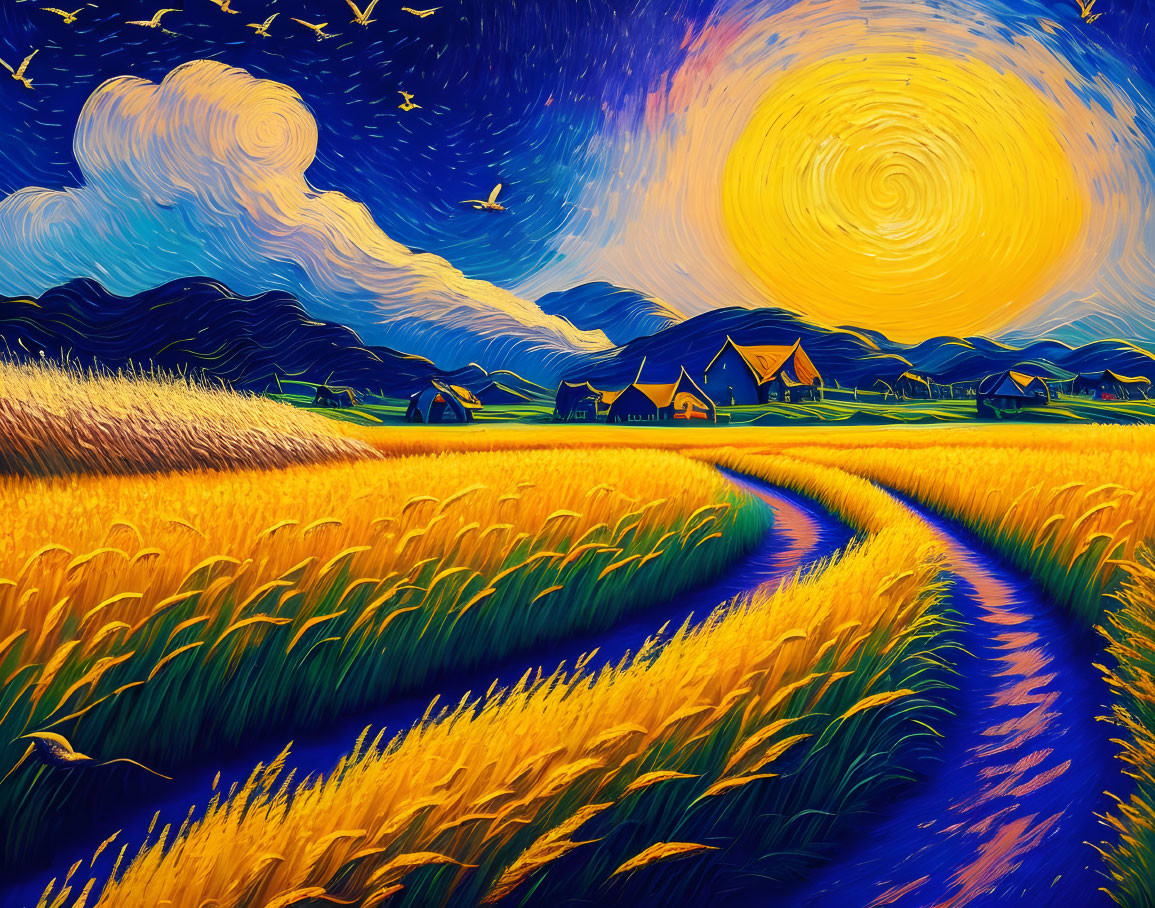 Colorful Vincent Van Gogh-style painting with stars, crescent moon, wheat field, cottages