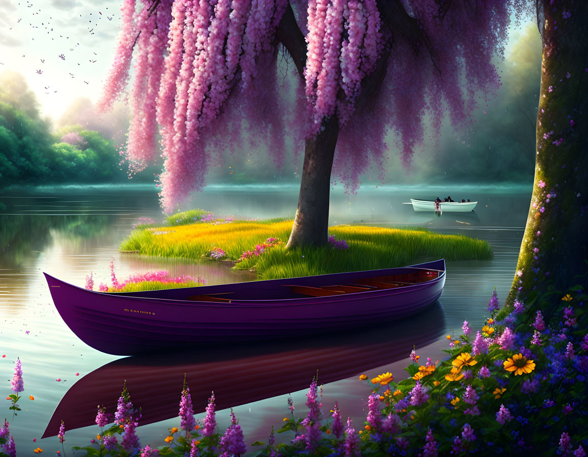 Tranquil lake landscape with purple canoe, lush greenery, flowers, and willow tree