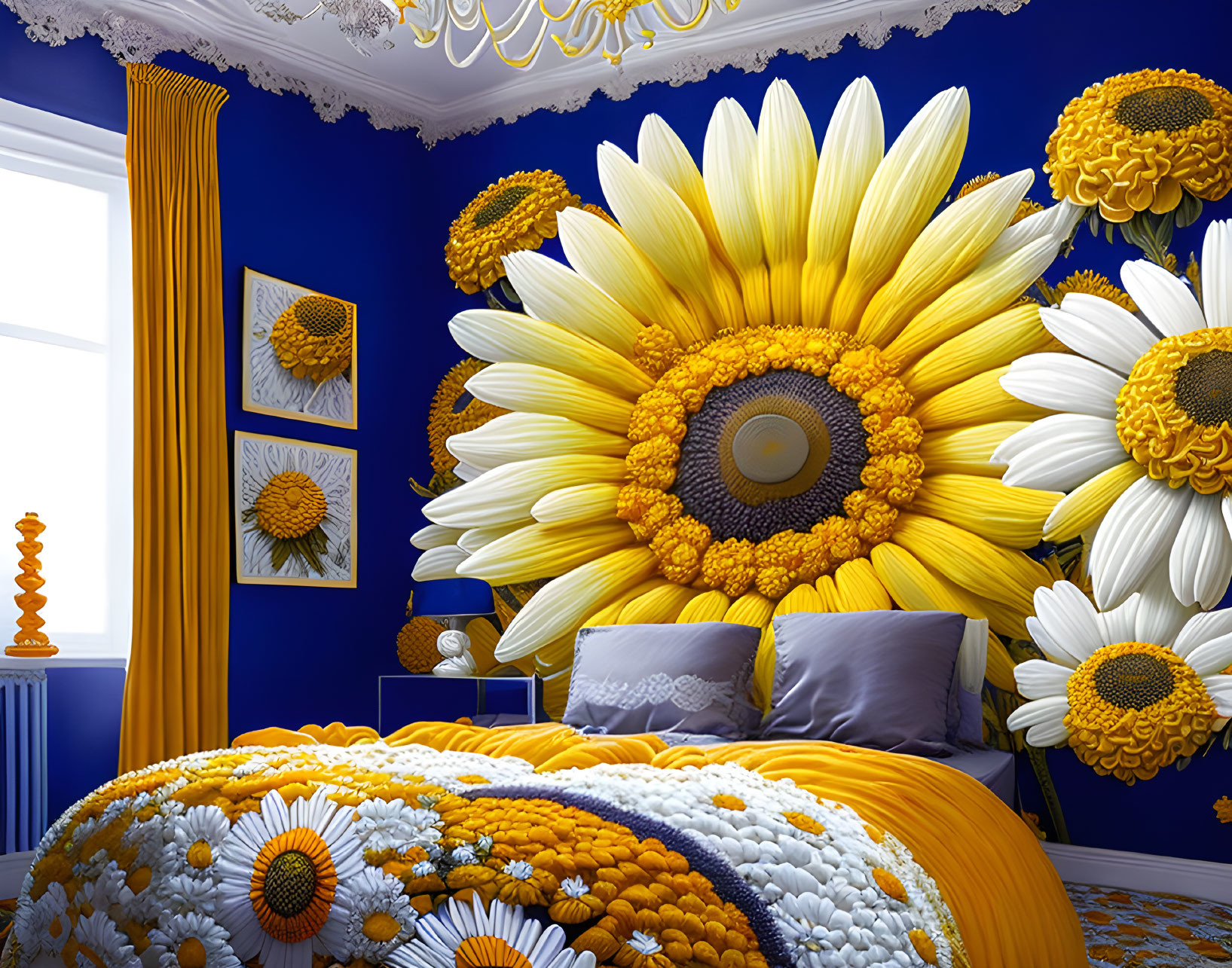 Sunflower-themed bedroom with floral furniture and cobalt blue decor