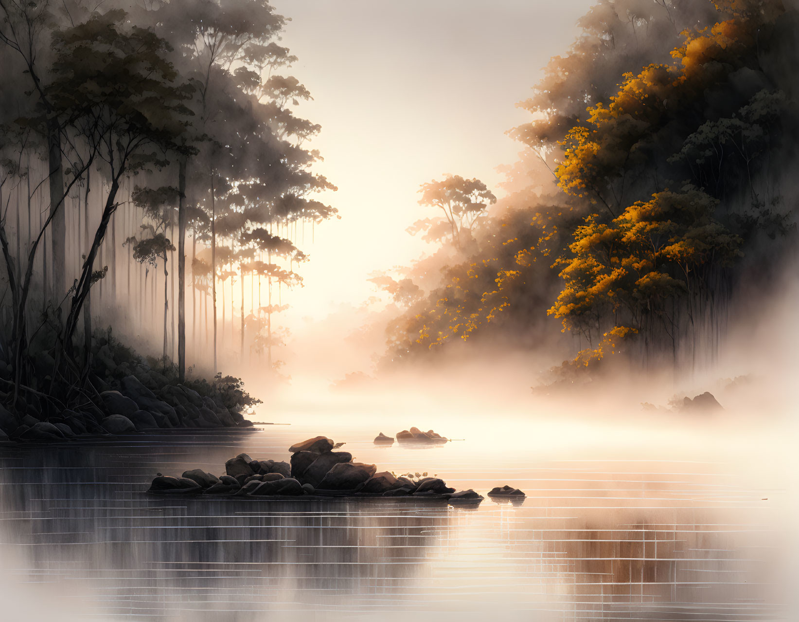 Tranquil sunrise scene of misty forest lake with golden light and rocks.