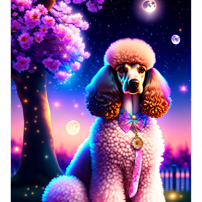 Illustration of poodle in bow tie under cherry blossom tree at night