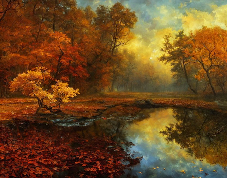 Tranquil autumn forest scene with golden foliage reflected in pond at dusk