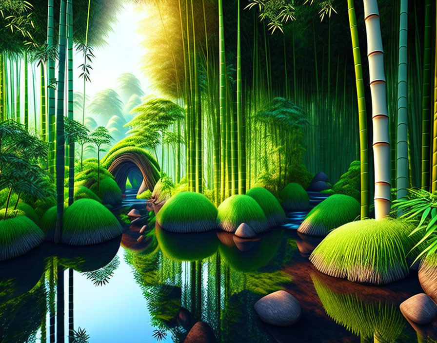 Vibrant green bamboo forest with smooth stones and reflective water