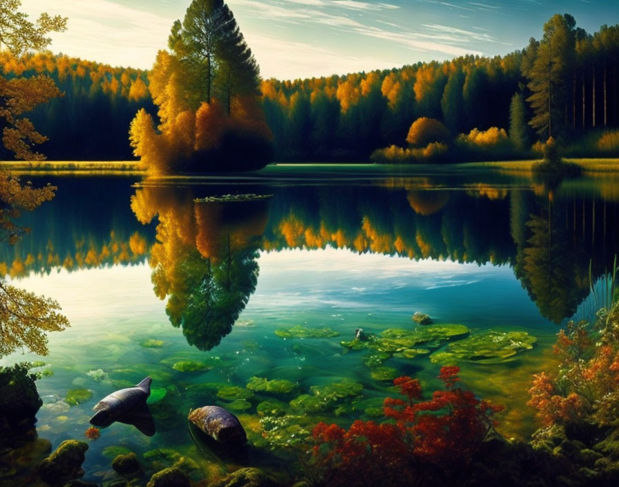 Autumn trees reflected in tranquil lake with aquatic life below