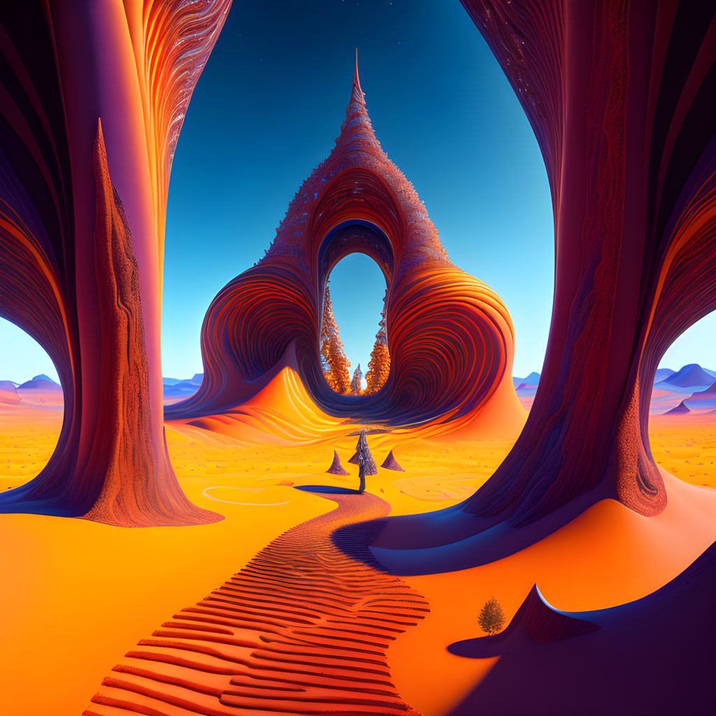 Surreal desert landscape with orange dunes and abstract gateway formation