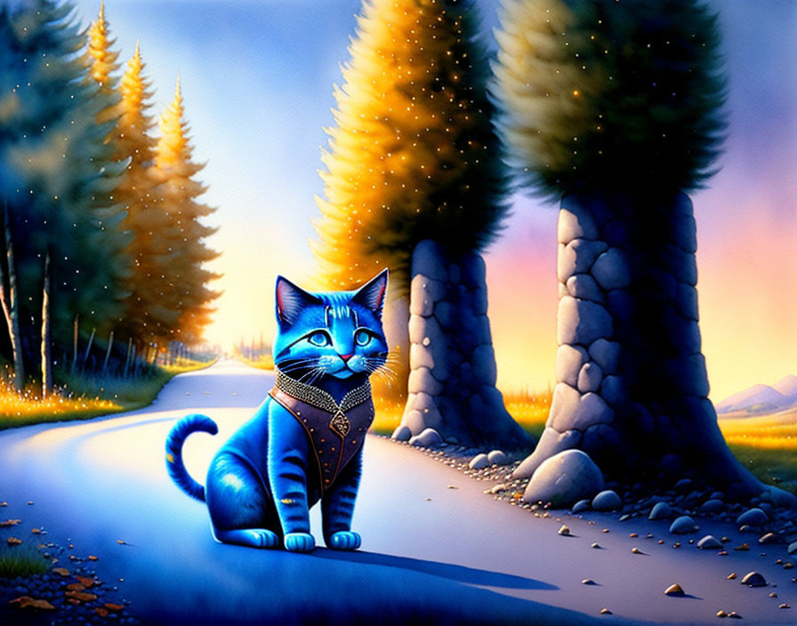 Blue Cat with Large Eyes Walking Among Pine Trees at Twilight