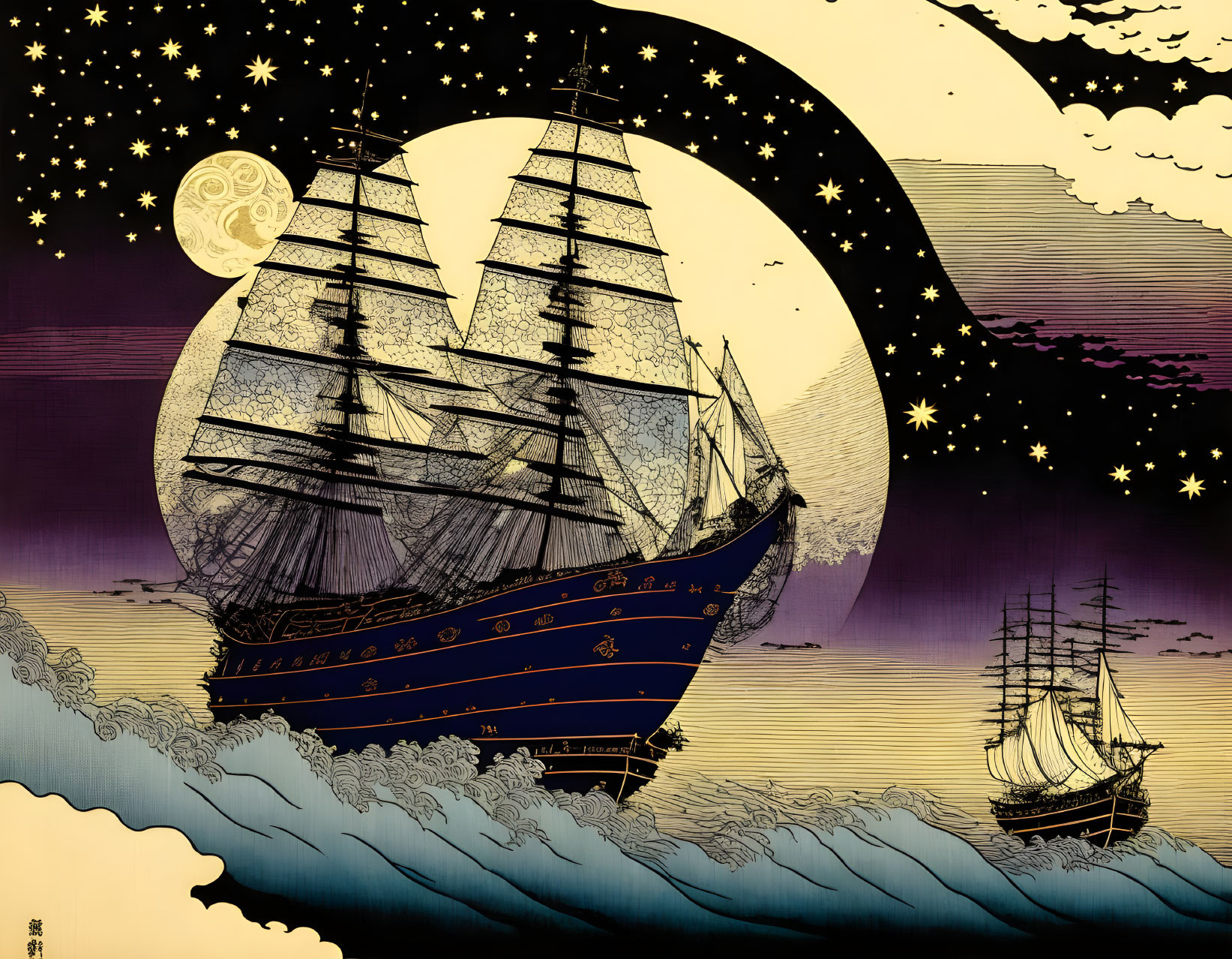 Illustration of tall ships sailing on wavy seas under a starry night sky