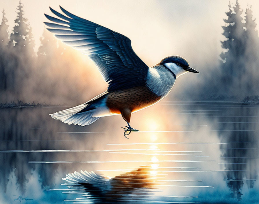 Bird gliding over tranquil lake at dawn or dusk