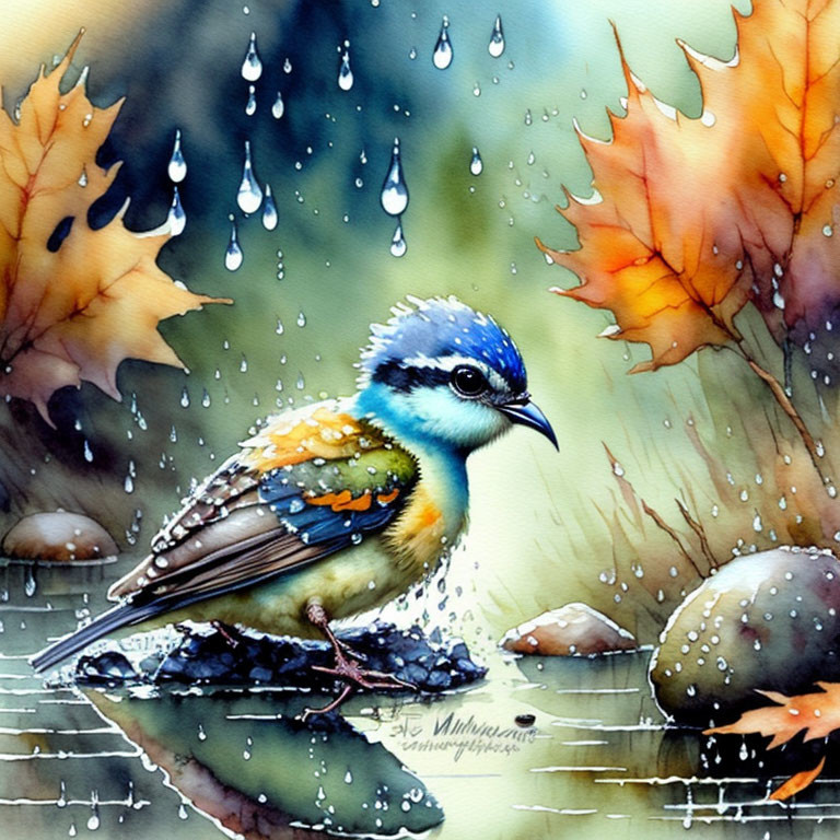 Colorful Bird with Blue Head and Speckled Wings in Rainy Autumn Scene