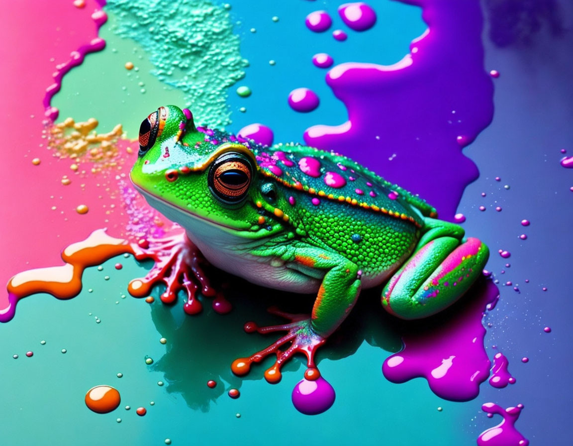 Colorful Paint Splatter Background with Vibrant Green Frog