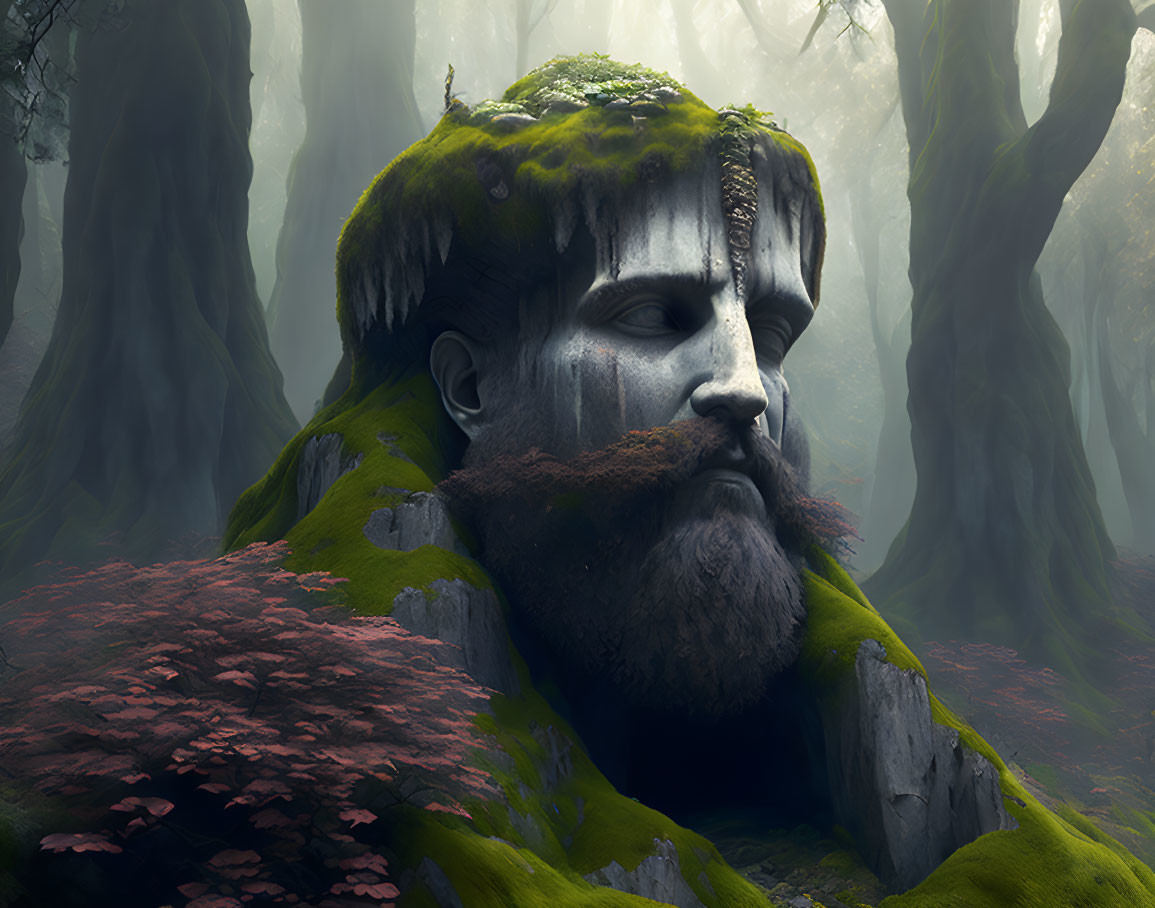 Giant Stone Face with Beard in Misty Forest