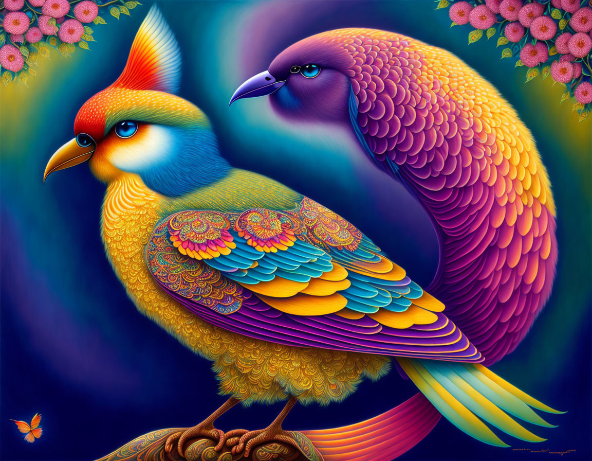 Colorful stylized bird artwork on floral background with butterfly.