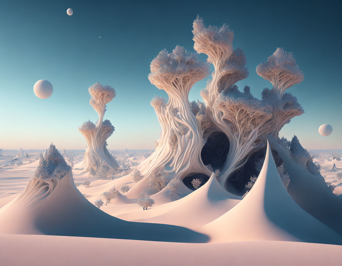 Fractal trees on snowy hills under a crescent moon in a surreal landscape