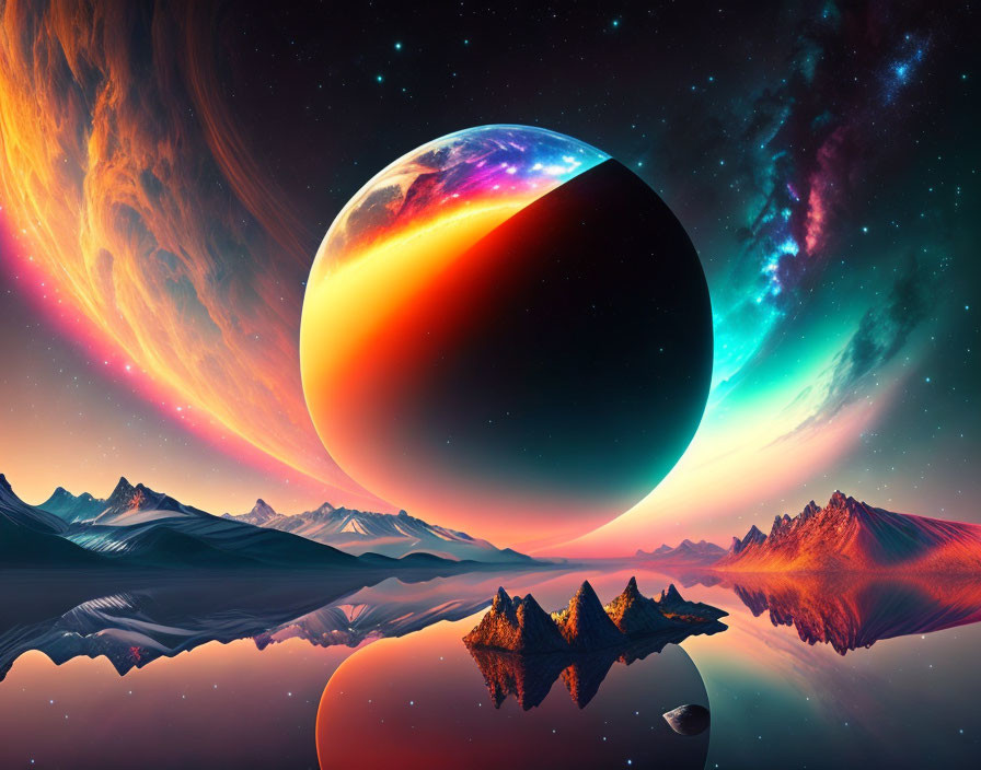 Surreal landscape with giant planet, calm lake, mountains, cosmic sky