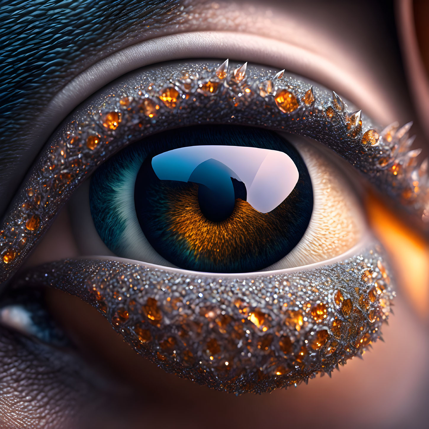 Stylized eye with gemstones and amber-like textures.