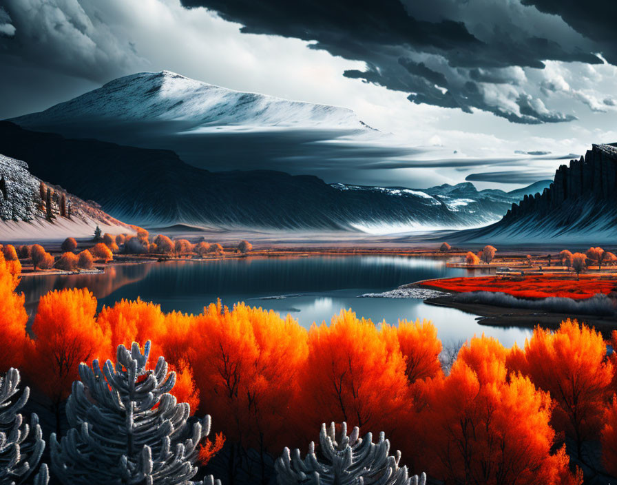 Surreal landscape with orange foliage, tranquil lake, and snow-capped mountains