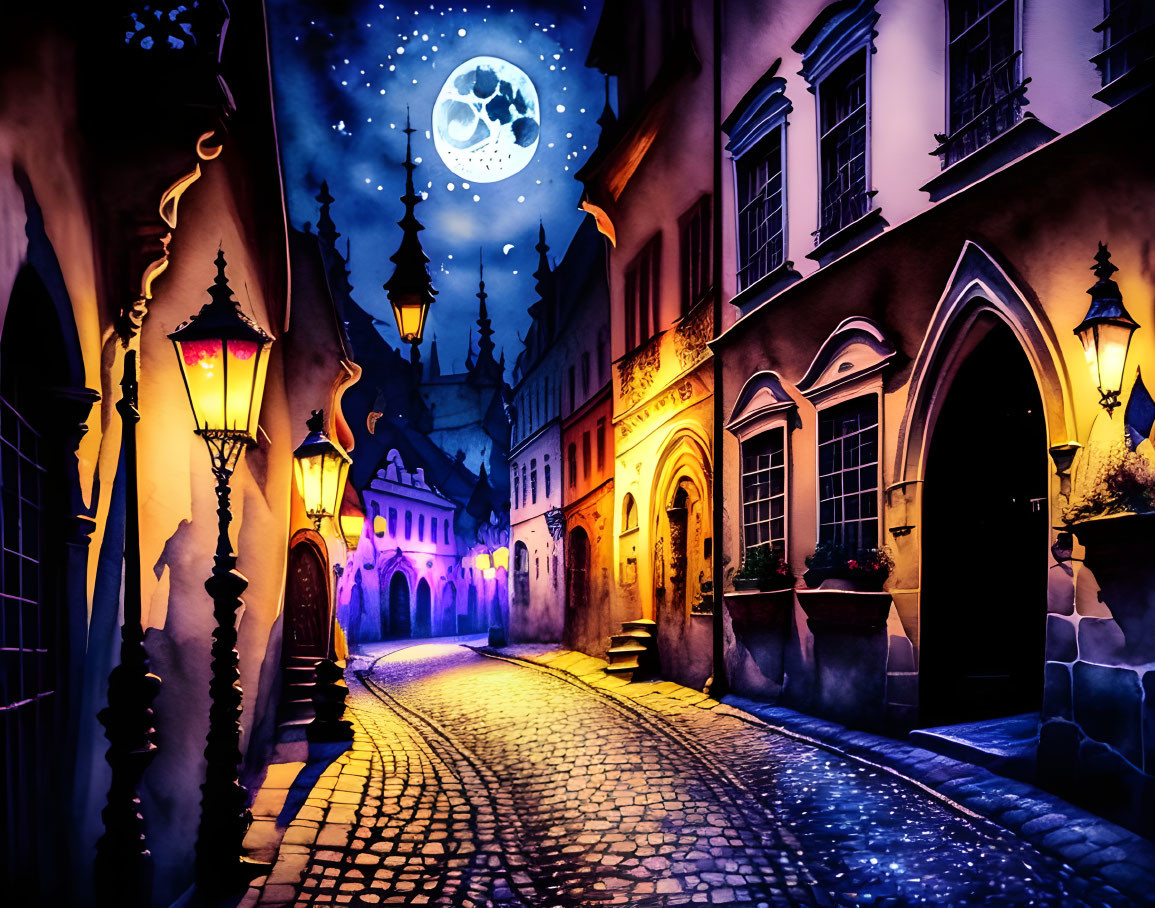 Charming old town cobblestone street at night with full moon