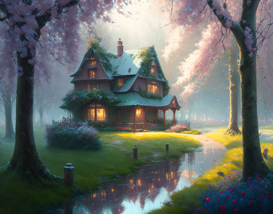 Enchanting cottage surrounded by pink blossoming trees at twilight