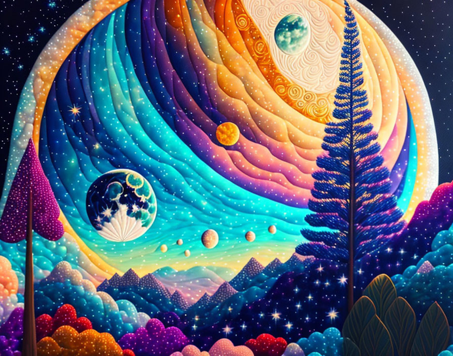 Colorful cosmic landscape with swirling galaxies, planets, and stylized trees.