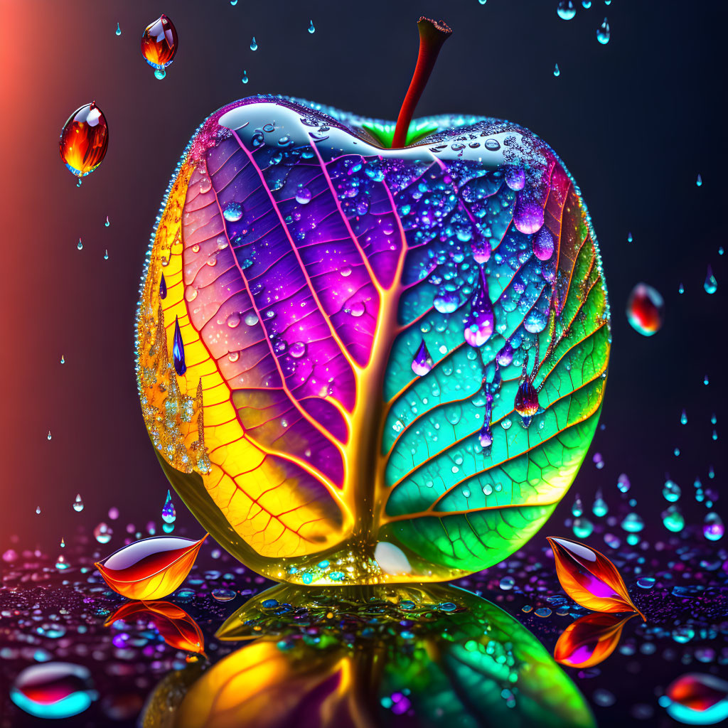 Colorful digitally manipulated apple with water droplets on bokeh background