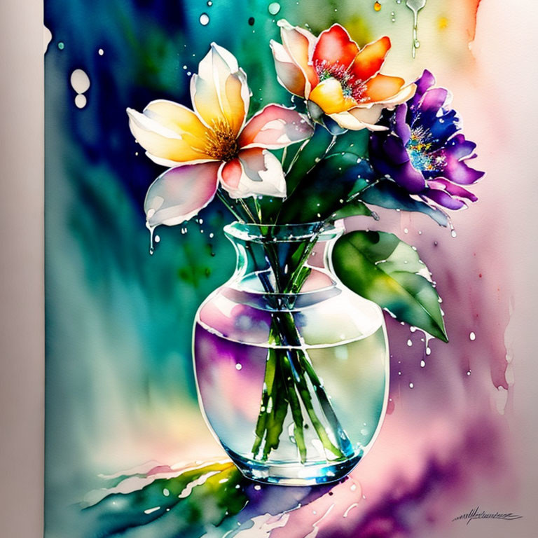 Colorful Watercolor Painting of Vase with Bouquet