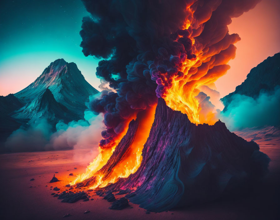 Dramatic volcanic eruption with fiery lava flows and auroras.