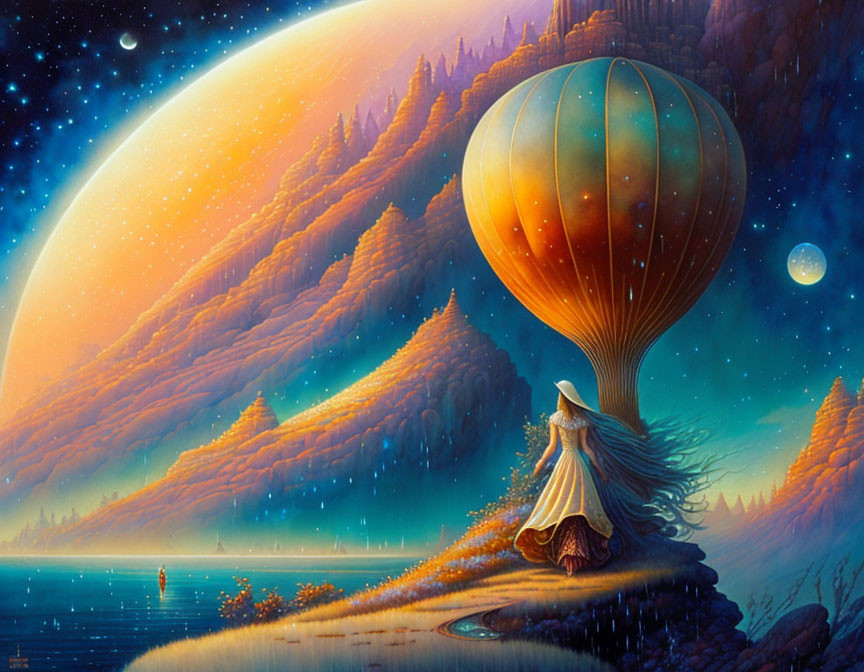 Fantasy landscape with moon, hot air balloon, cloaked figure at dusk