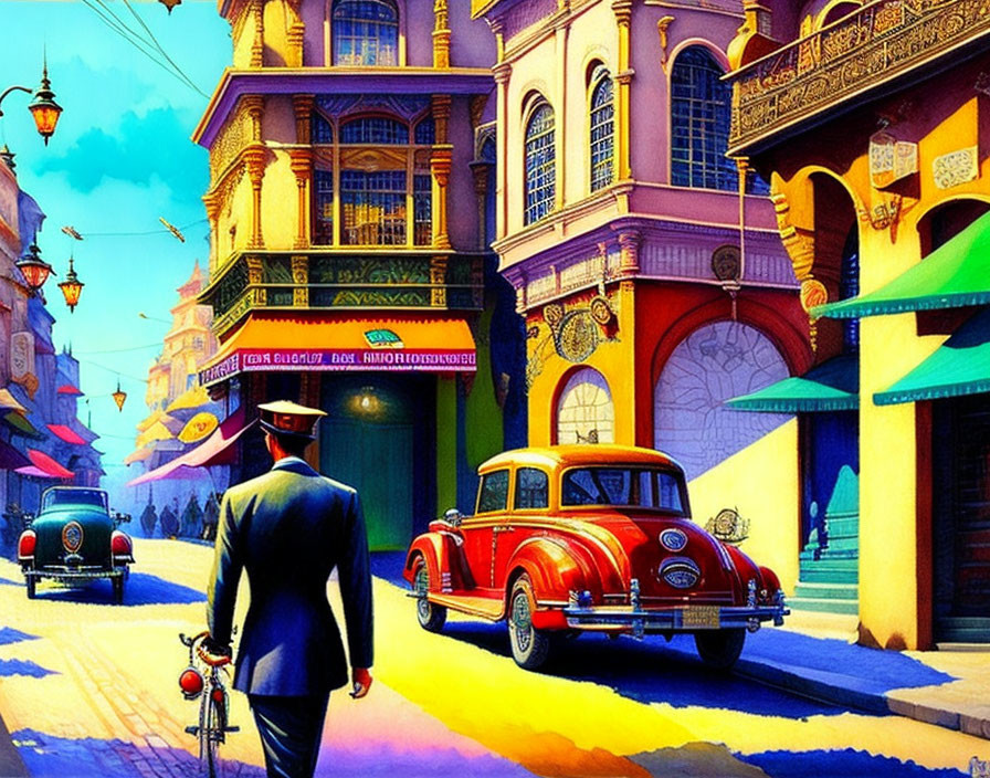 Colorful Street Scene with Vintage Cars and Man in Suit Hat