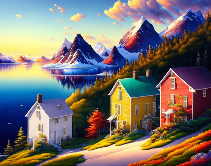 Vibrant lakeside illustration with houses, foliage, and mountains at sunset