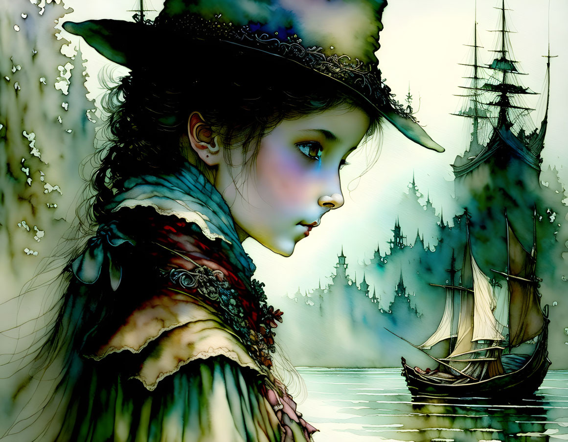 Young girl in vintage clothing with contemplative expression amidst sailboats and misty forest.