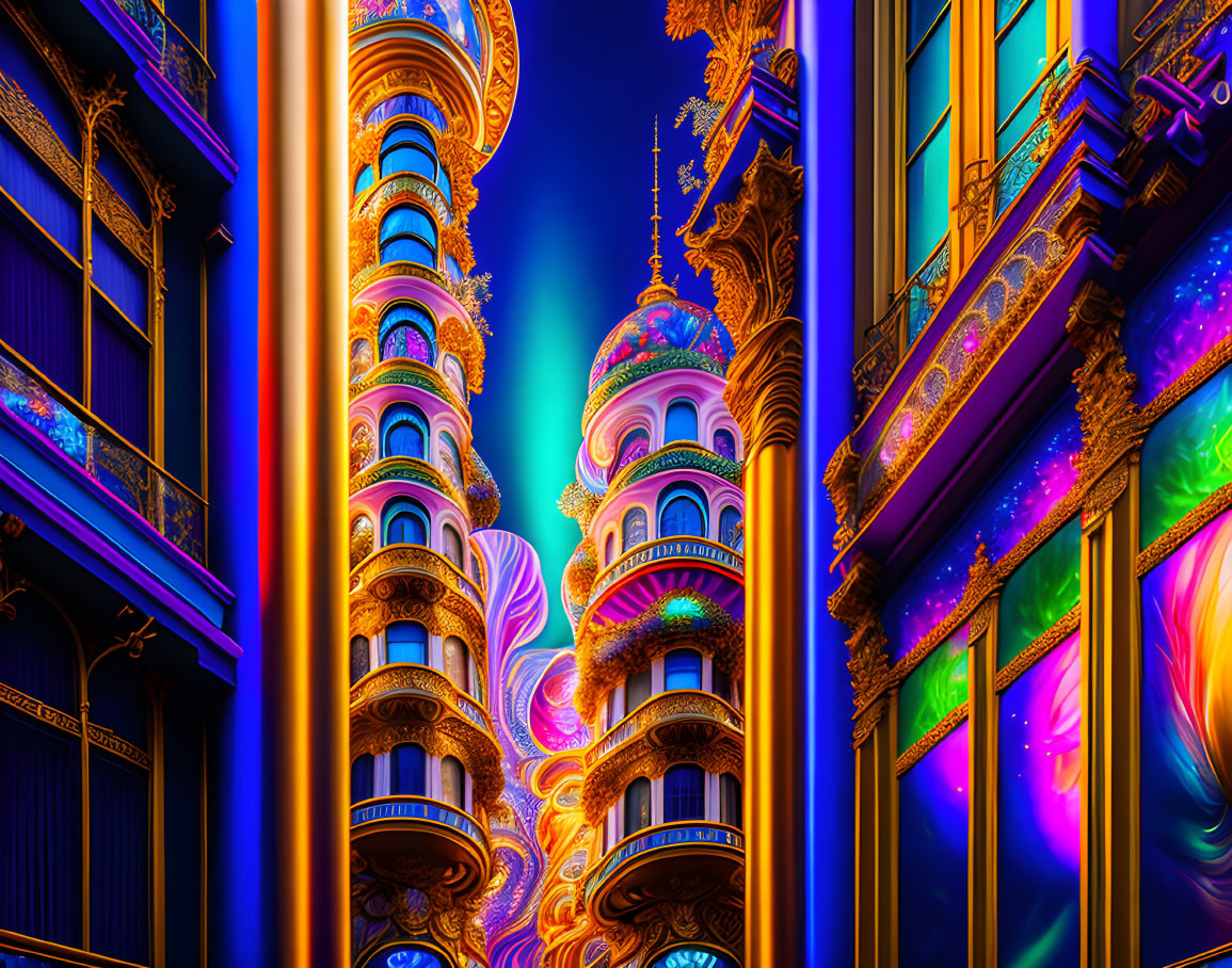 Colorful Fantasy Cityscape with Illuminated Buildings and Ornate Domes