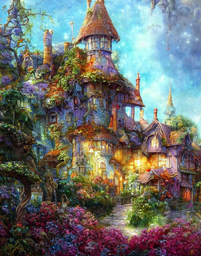 Colorful Cottage with Lush Greenery and Vibrant Flowers at Twilight