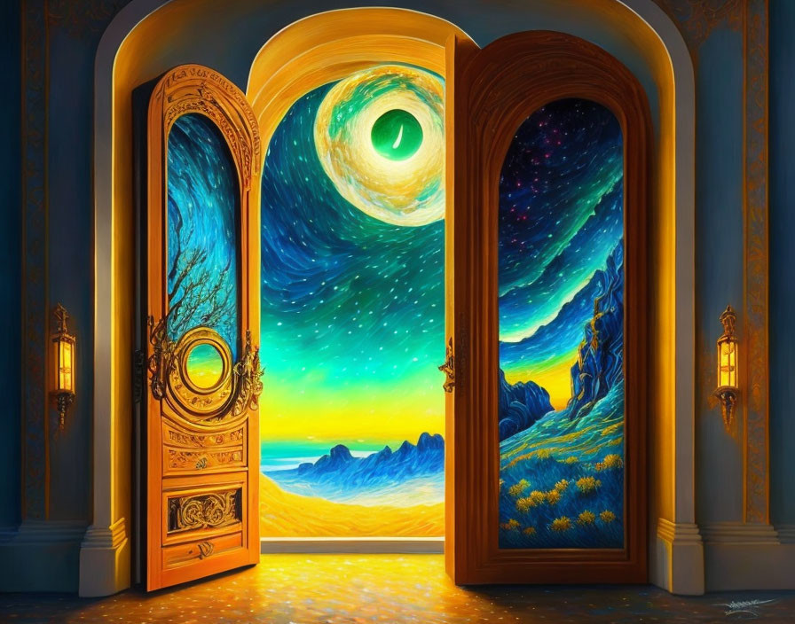 Artwork: Two Open Doors Showing Day and Night Landscapes