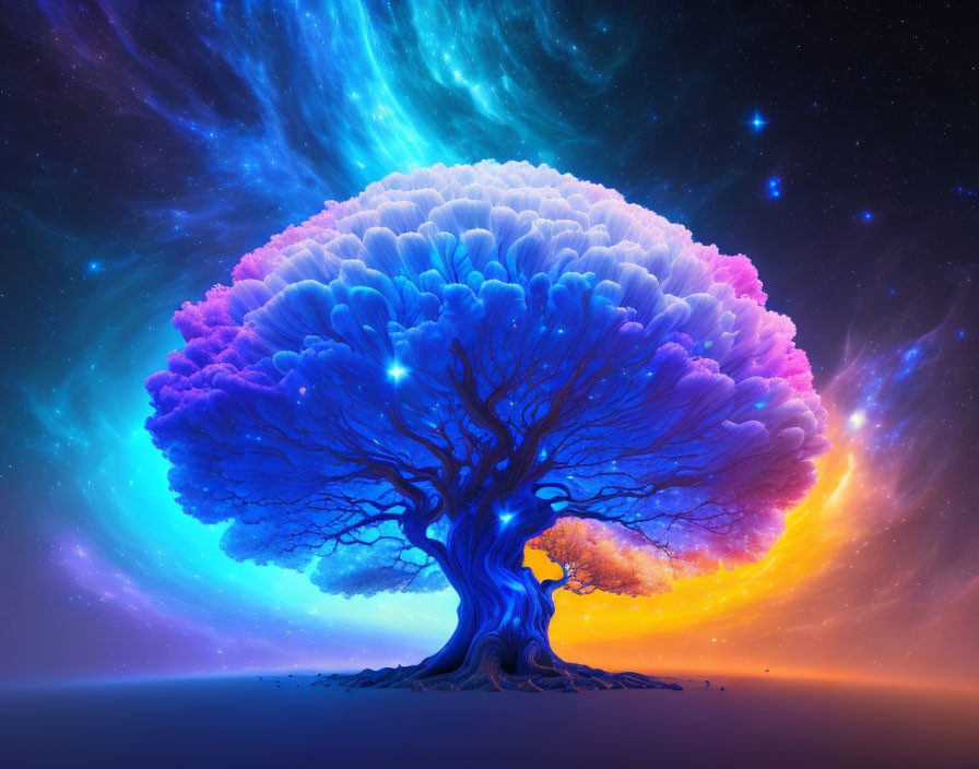 Colorful Tree Illustration with Luminous Canopy Against Starry Sky Gradient