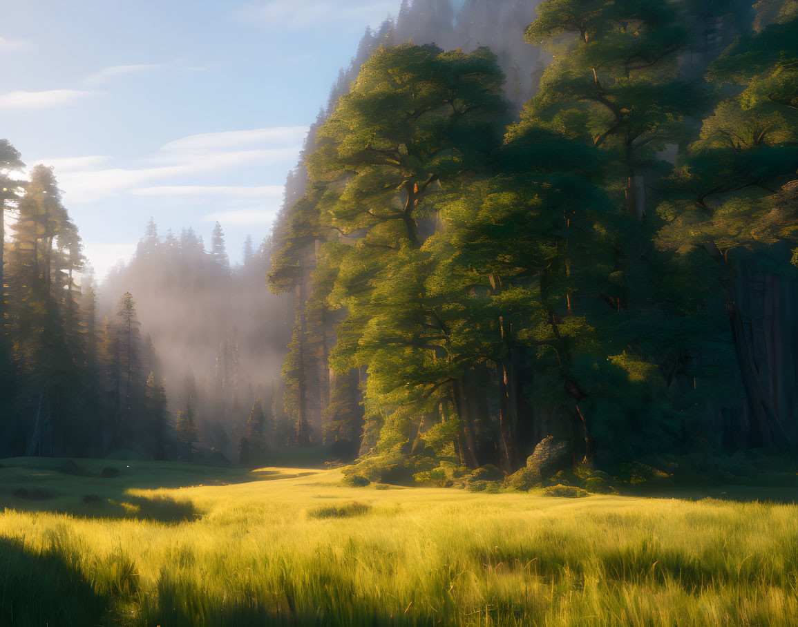 Tranquil forest landscape with tall trees, sunlit meadow, and misty background.