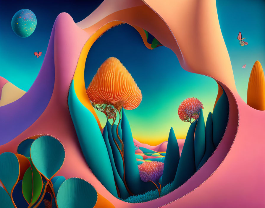 Vibrant surreal landscape with undulating terrain and butterflies