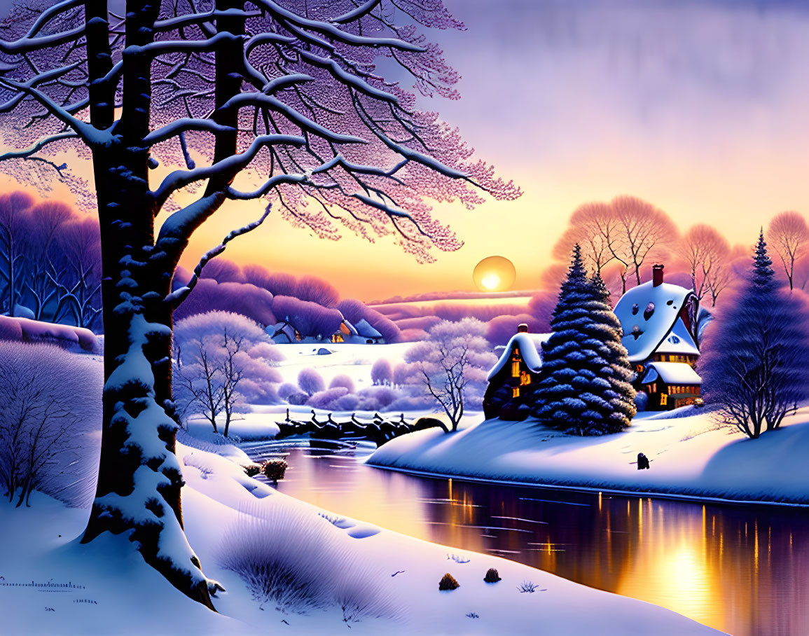 Snow-covered trees and houses by river at sunset in purple sky