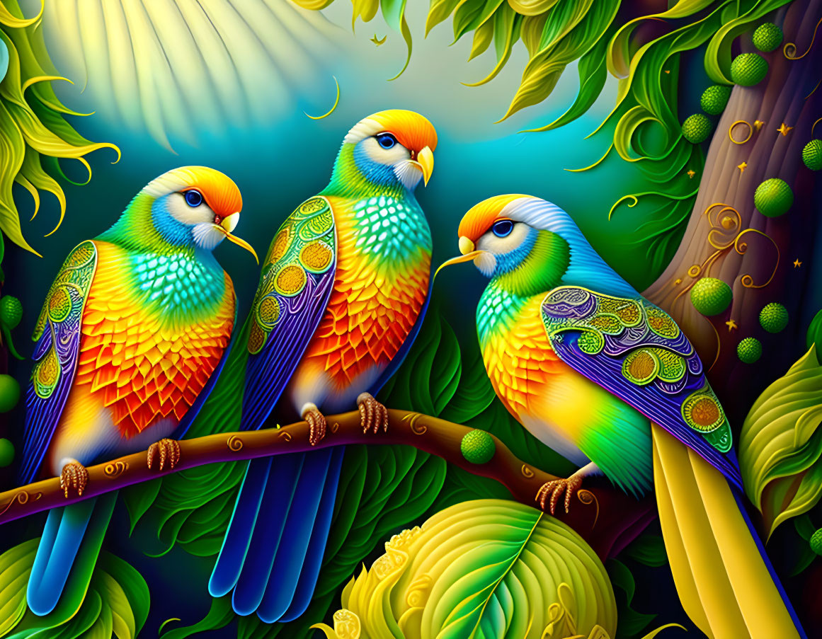 Colorful Stylized Parrots with Peacock Feathers in Lush Nature