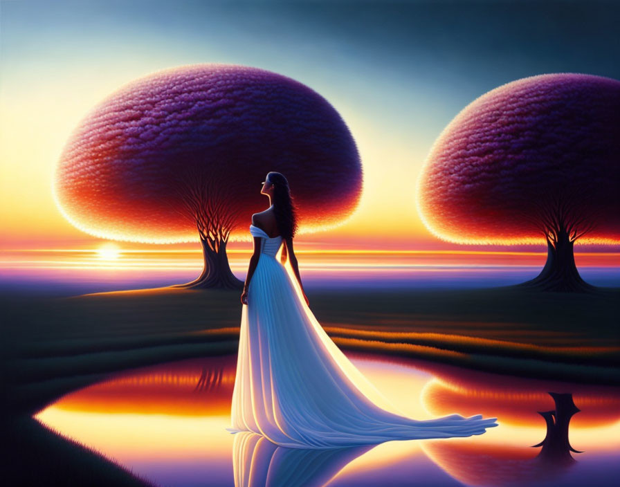 Woman in white dress between two spherical trees at sunset by still waters