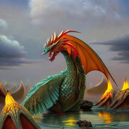 Majestic green and red dragon in fiery landscape