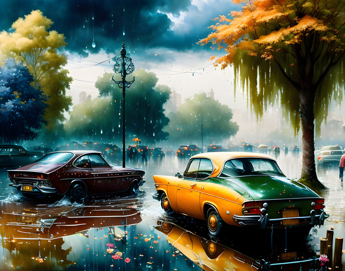 Colorful digital artwork: classic cars on rain-soaked street with trees, puddles, lampp