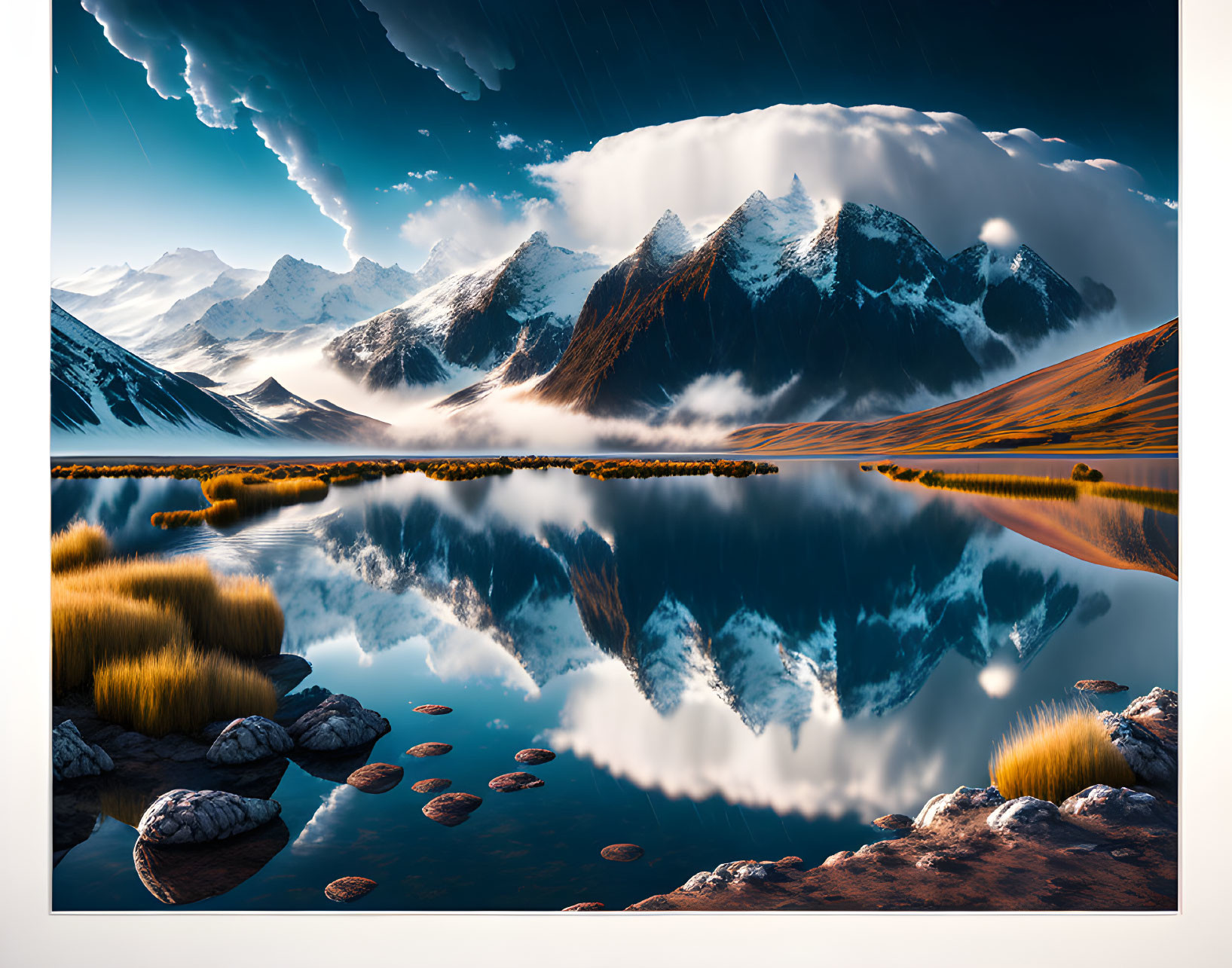 Snow-capped peaks reflected in serene lake amidst golden grass and rocks under dramatic sky