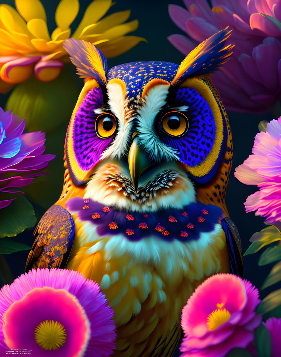 Colorful Owl Illustration with Floral Surroundings