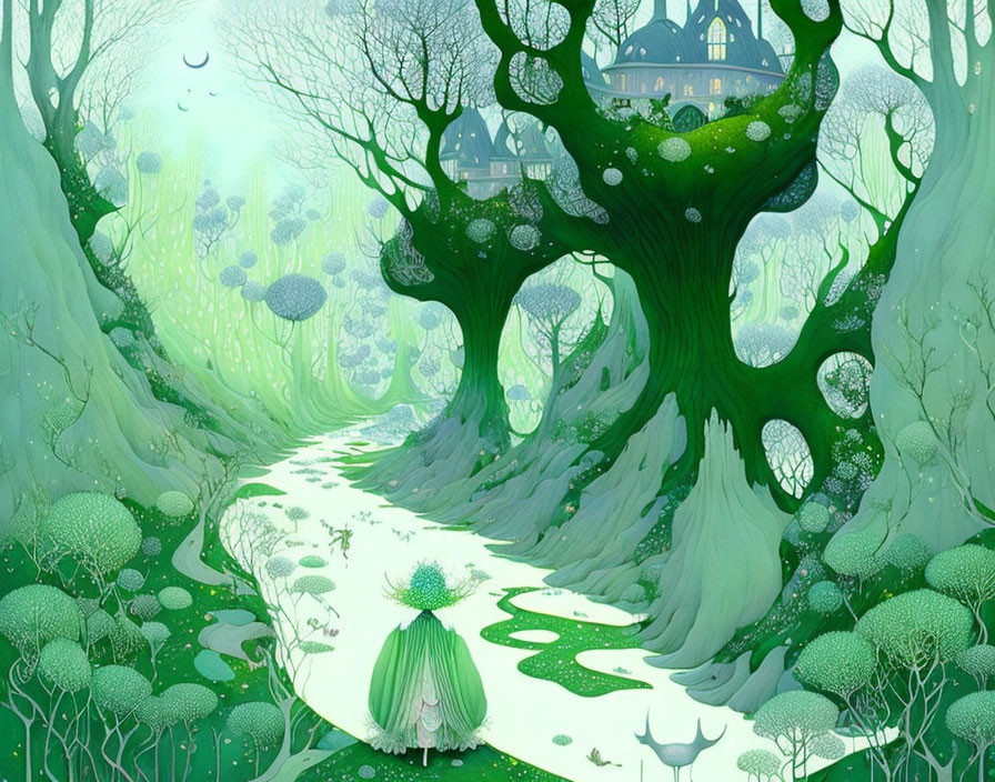 Fantastical green forest with path, house, character in cloak