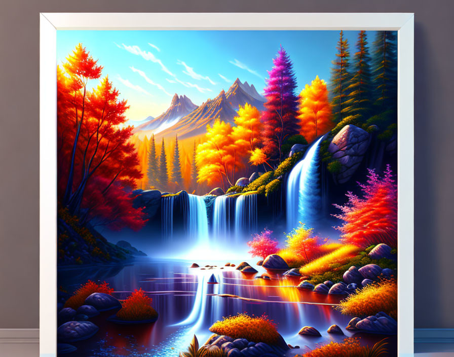 Colorful autumn landscape with waterfall and mountains in digital art